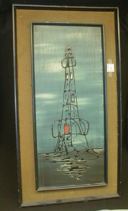 Mid-century impressionist painting of an oil rig. Outer frame is 20 x 37"