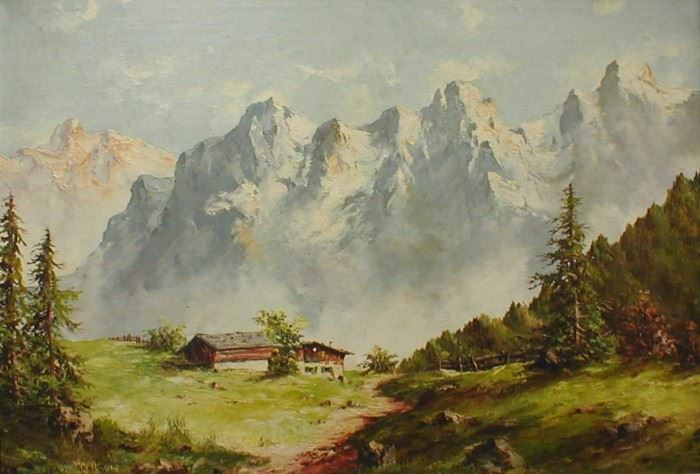 Paul Arndt(New York,1881-1978) Large mountain landscape oil on canvas with Bavarian Chalet in the foreground. Signed lower left "ARNDT". With frame 34.5 x 45.75"