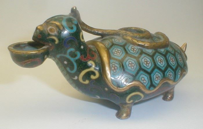 A Chinese Cloisonne 'Xuanwu" Water Dropper. Made in the form of a turtle standing with a gilt-bronze snake on its back, the turtle with a cup in it's mouth.  Late 17th century