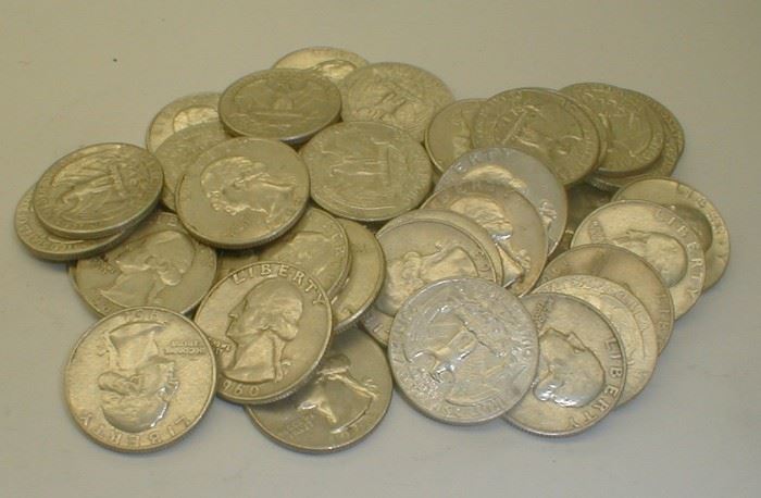 10$ face value U.S. circulated 1960's Washington 90% silver quarters