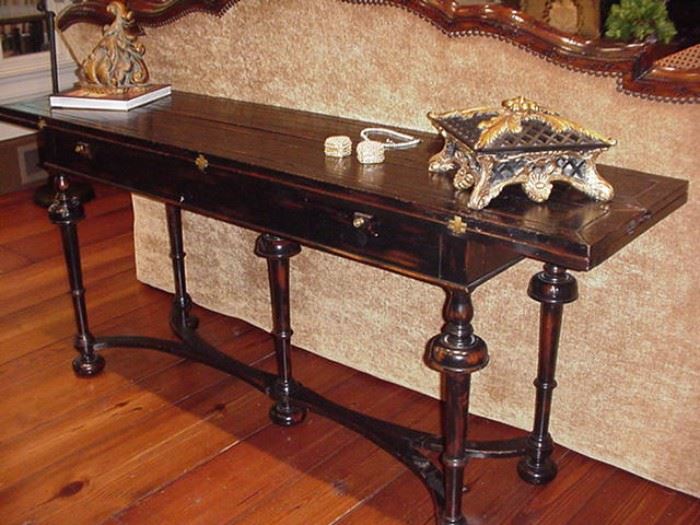 Hinged top sofa table opens to double top surface, Jacobean style legs
