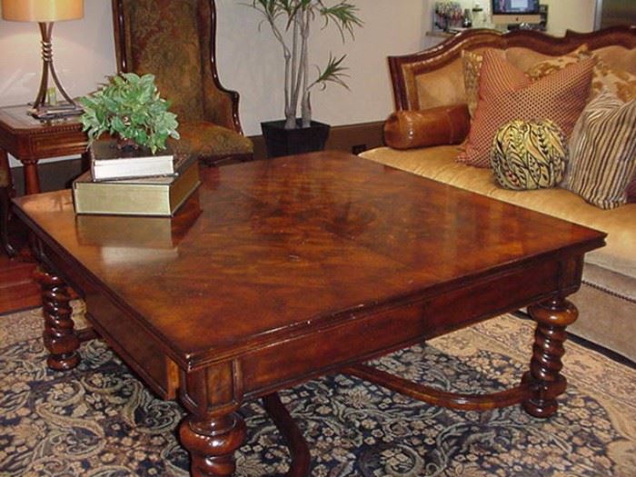 Large coffee table with barley twist legs and parquetry inlay top