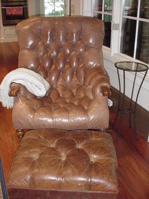 Tufted Leather Club Chair, ottoman; wrought iron stand with glass top