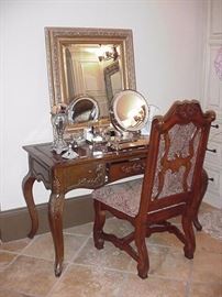 French style console table, beveled mirror with gold frame, upholstered side chair