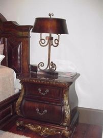 Marge Carson two-drawer bedside stands, tole lamps (two of each)