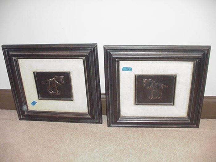 Embossed horse images in metal, framed and matted