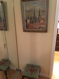 Needlepoint stool and artwork