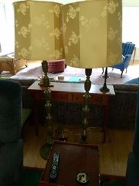 Very tall solid brass lamps with silk shades