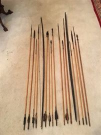 Primitive Columbian Indian bow and arrows 
Bows are 73"
Arrows are 50" to 68"