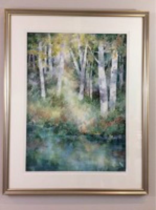 Lot 001. Original Nancy Rankin Painting. Beautiful original painting of a thick of trees by a river, 38.5 x 30.5 inches framed
