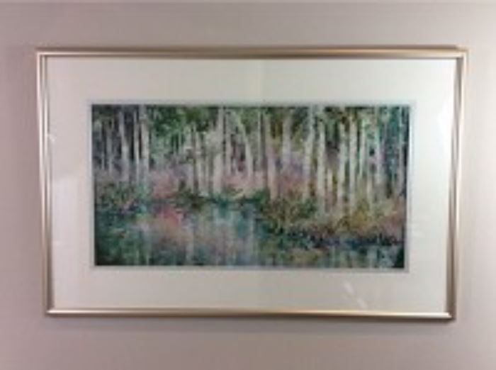 Lot 002. Original Nancy Rankin painting, landscape format, view of a tree lined stream with colorful foliage, original, 25.25 x 39.25 inches framed.
