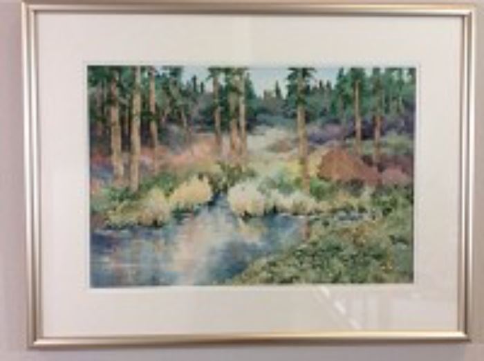 Lot 003. Nancy Rankin original painting, landscape of a fir tree lined pond in the forest, 22.5 x 29.5 inches framed.