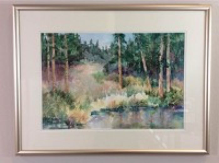 Lot 004.Nancy Rankin original painting, landscape of fir trees around a pond with a trail leading to the horizon, 22.5 x 29.5 inches framed.