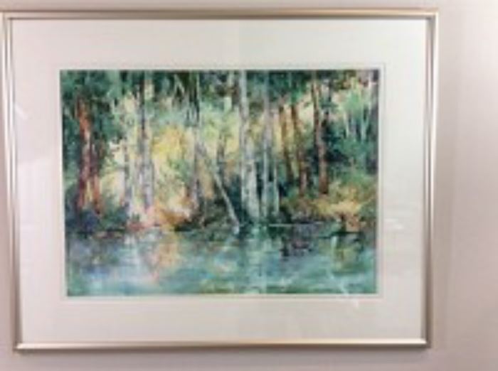Lot 006: Nancy Rankin original painting of trees reflected in a pond, 31.5 x 39.5 inches framed.