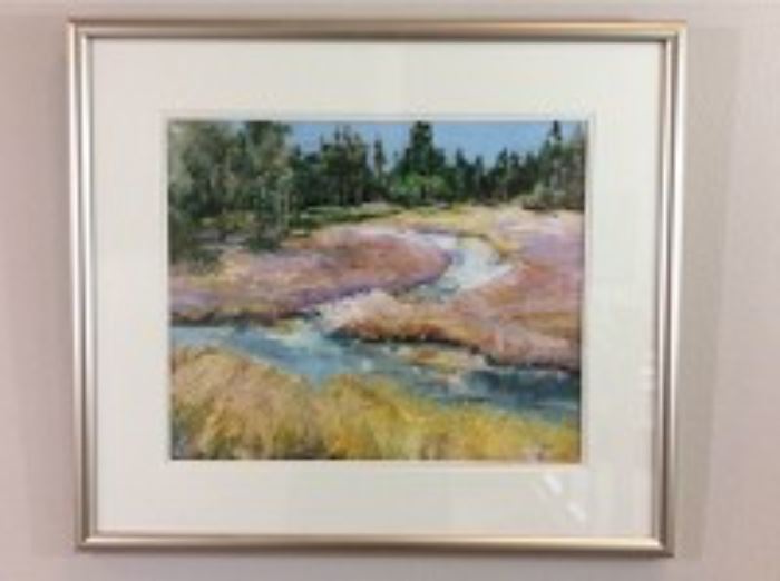 Lot 007: Nancy Rankin original painting of a meandering stream in an open forest, 22.5 x 25.5 inches framed.