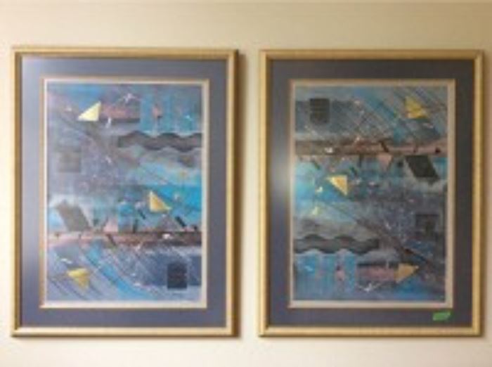 Lot 010: Titled Taos, signed but artist name is illegible, bold and bright colors with gold leaf additions, two panels each measuring 37 x 29 inches framed.