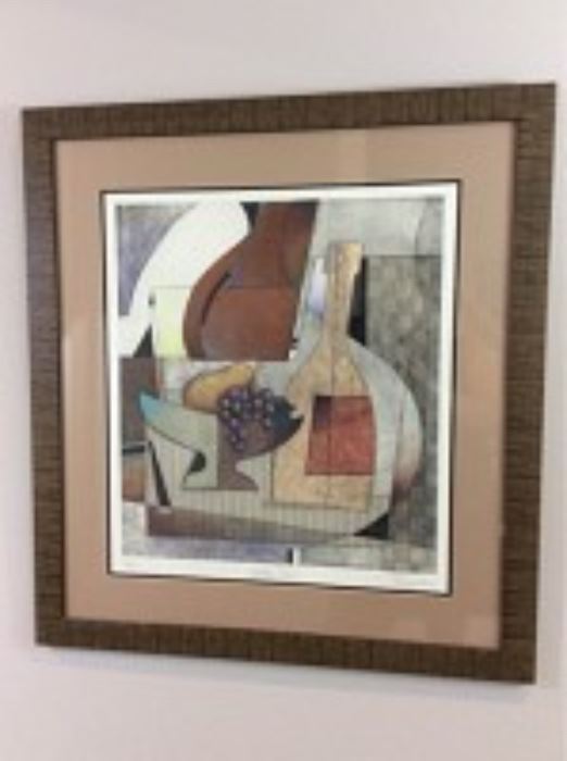 Lot 011: "Golden Pear" Original painting by Artist Karen Osgood. still life with wine bottle, a pear and grapes, edition 65 of 275, 30.5 x 28 inches framed.