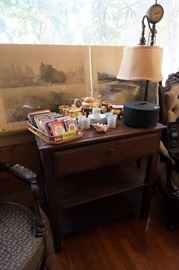 antique side table with drawer and shelves