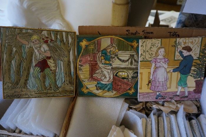 Tiles from the mid 1800s!  Wedgewood and Copeland featuring the "months" and "Nursery Rhymes and Fair Tales"