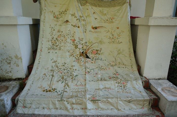 A huge silk Chinese piano scarf with fringe in excellent condition.  Embroidery is amazing