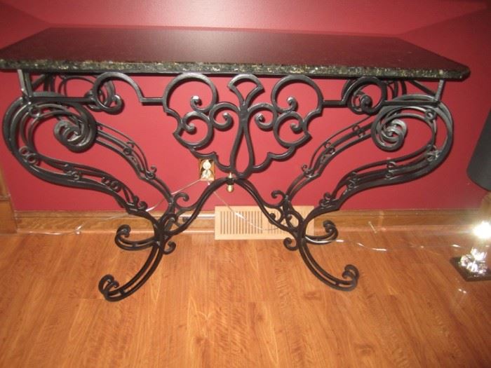 WROUGHT IRON AND MARBLE TOP TABLE