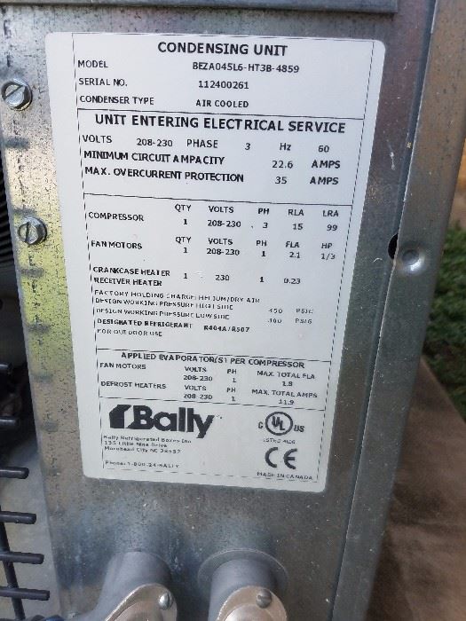 Condensing Unit for Bally walk in freezer, model number and contact information all included.  looks new and works great. fully wired and installed correctly. Decommissioning at no cost to buyer