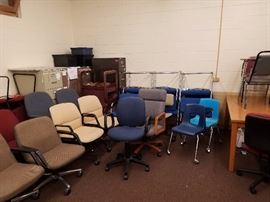 Array of chairs student types, office types, libary types, some with rollers others not.  many colors and priced to move out the door.  We can arrange delivery if needed at a small fee 