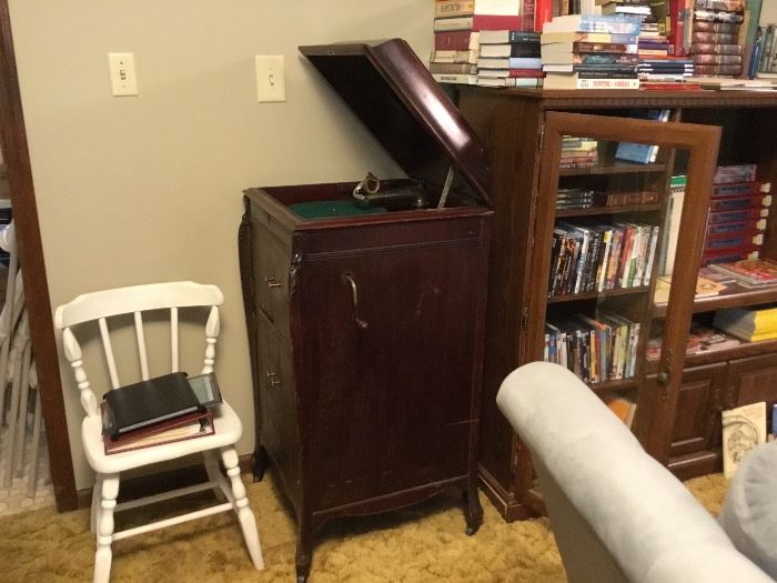 Antique Victrola, small chair, entertainment center - some of the books