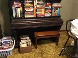 Children's books, cookbooks, piano stool & piano