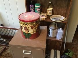 2 drawer file cabinet, cleaning supplies, small shelf unit