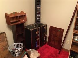 2 old trunks, shelf, CD tower