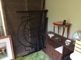 Black metal full size bed with mattress & box springs, small desk