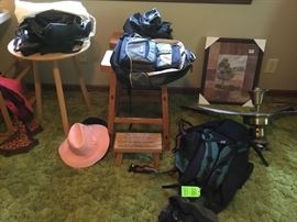 Backpack, decor, hat, 2 bar stools & small 3 leg table