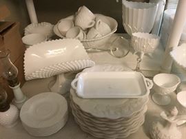 Milk glass punch bowl with lots of cups; plates, etc.  