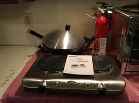 Great two burner Stove by zoster' new wok, 2 fire extinguishers