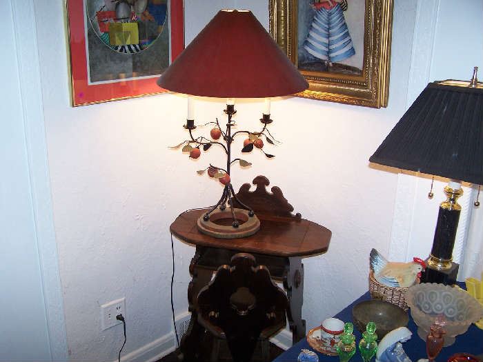 PRINTS, DECORATOR LAMP & 1930s PHONE TABLE & CHAIR