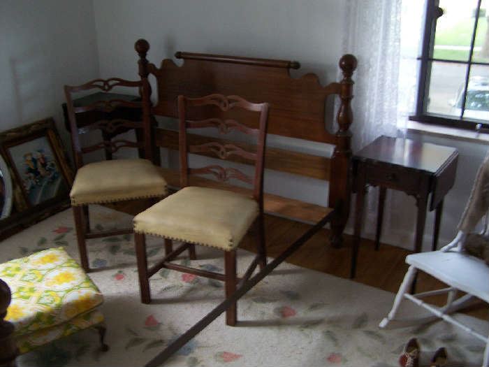 PAIR OF LADDERBACK CHAIRS, CHERRY BED FRAME & DROP-LEAF LAMP TABLES