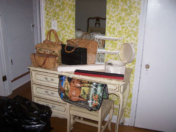 FRENCH PROVINCIAL DESK & CHAIR, OLD PURSES