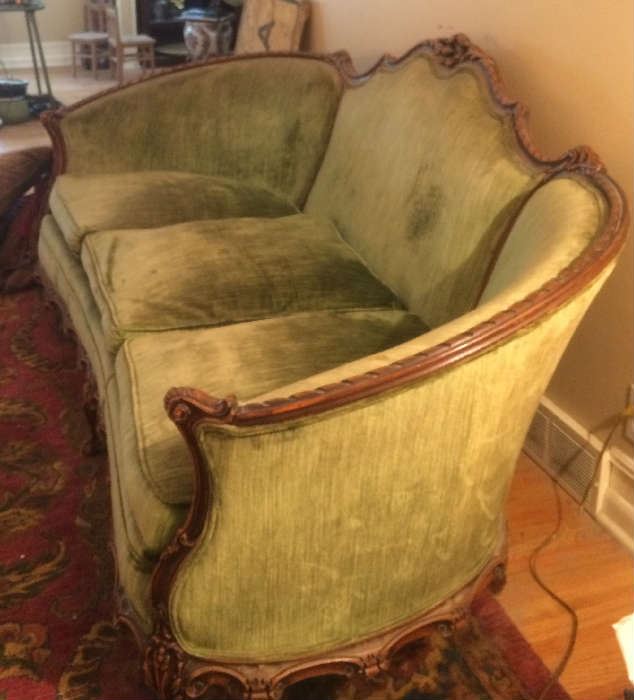 Antique Victrian green velveteen sofa, matching accent chair 