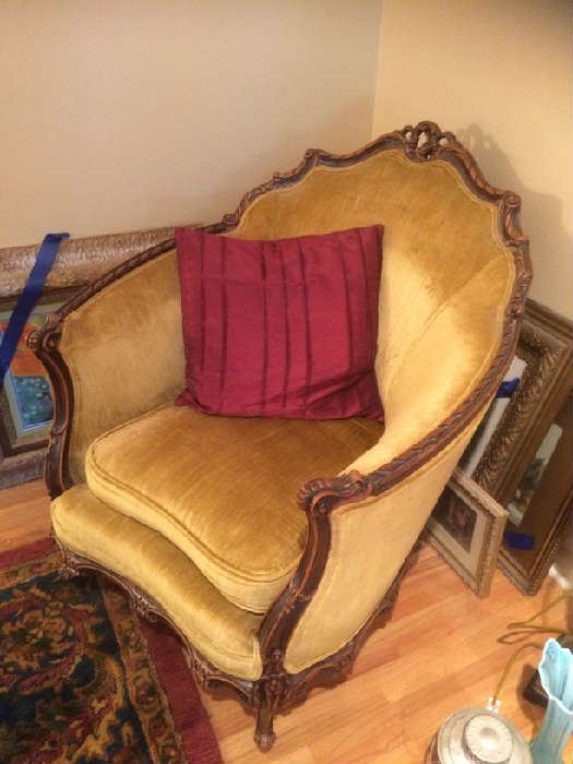 Antique Victorian accent chair in gold velveteen that matches sofa