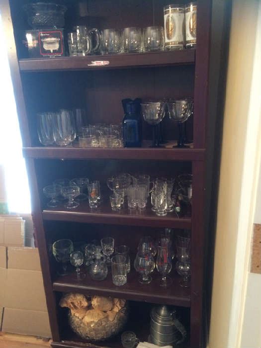 Bar ware, wine glasses, shot glass collection, pewter ice bucket. Vintage cut glass punch bowl with 12 glasses. 