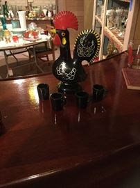 Redware Rooster decanter and 4 cups