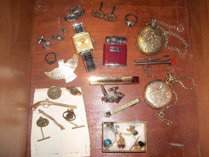 pocket watches, pins, lighter, rings, watch