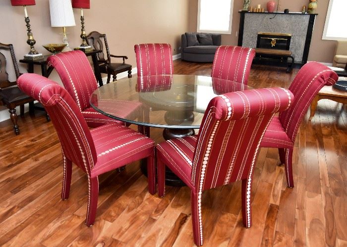 Round Dining Table & 6 Red Upholstered Dining Chairs