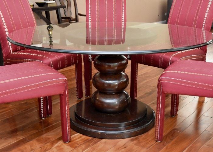 Round Wood Pedestal Dining Table with Glass Top
