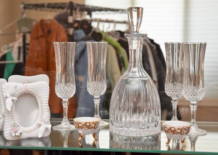 Crystal Champagne Glasses / Stemware, Decanter, Porcelain Picture Frames & Egg Cups