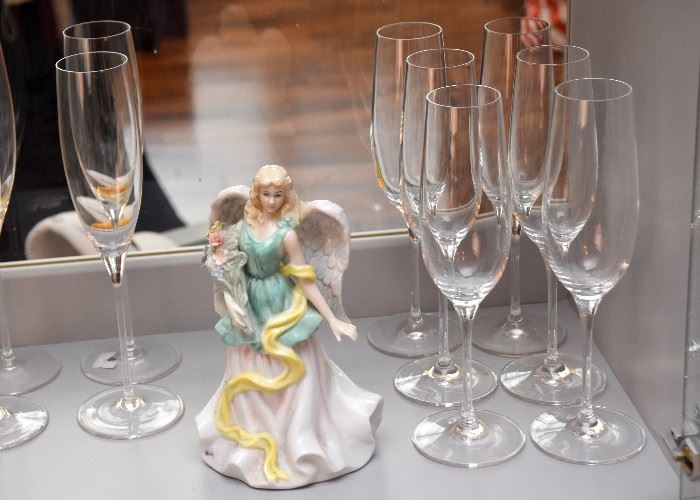 Crystal Champagne Glasses, Collectible Angel Figurine