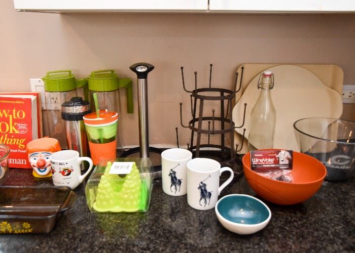 Kitchenware, Coffee Mugs, Bowls, Bottle Rack, Etc.