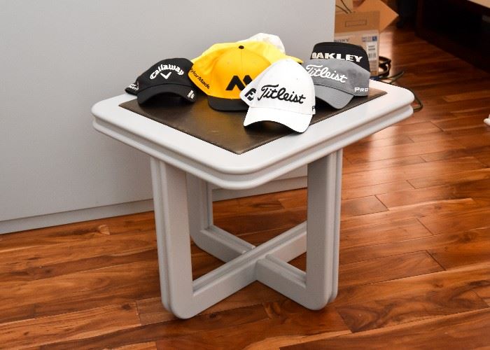 Contemporary Gray Side Table with Black Inset, Baseball Hats