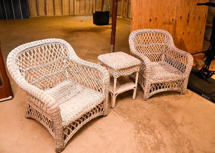 White Wicker Chairs & Side Table